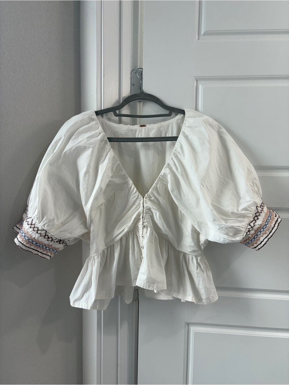 Free People White Peplum Top with Embroidered Smocked Cuffs 100% Cotton